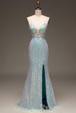 Sparkly Mermaid Grey Blue Ball Dress with Slit
