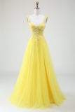 Tulle Beaded Yellow A-Line Spaghetti Straps Corset Ball Dress with Slit