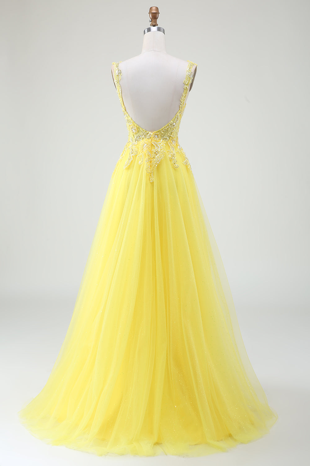 Tulle Beaded Yellow A-Line Spaghetti Straps Corset Ball Dress with Slit