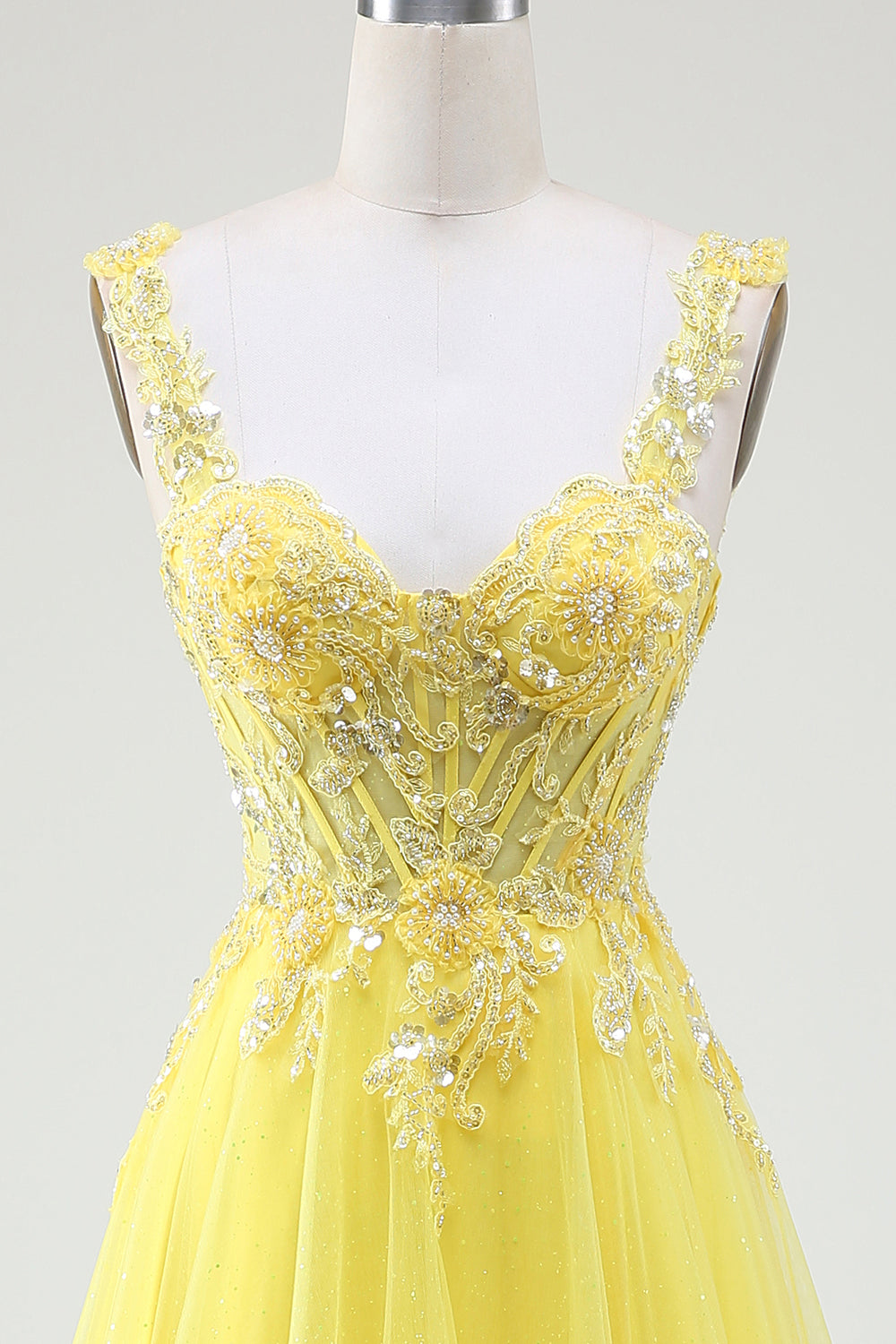 Tulle Beaded Yellow A-Line Spaghetti Straps Corset Ball Dress with Slit
