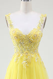 Tulle Beaded Yellow A-Line Spaghetti Straps Corset Ball Dress with Slit