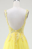 Tulle Beaded Yellow A-Line Spaghetti Straps Corset Ball Dress with Slit
