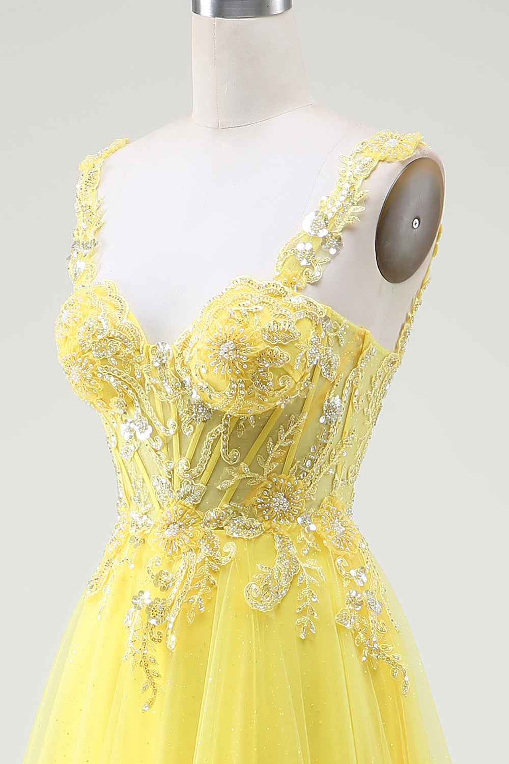 Tulle Beaded Yellow A-Line Spaghetti Straps Corset Ball Dress with Slit
