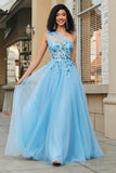 Gorgeous A Line One Shoulder Light Blue Corset Ball Dress with Appliques