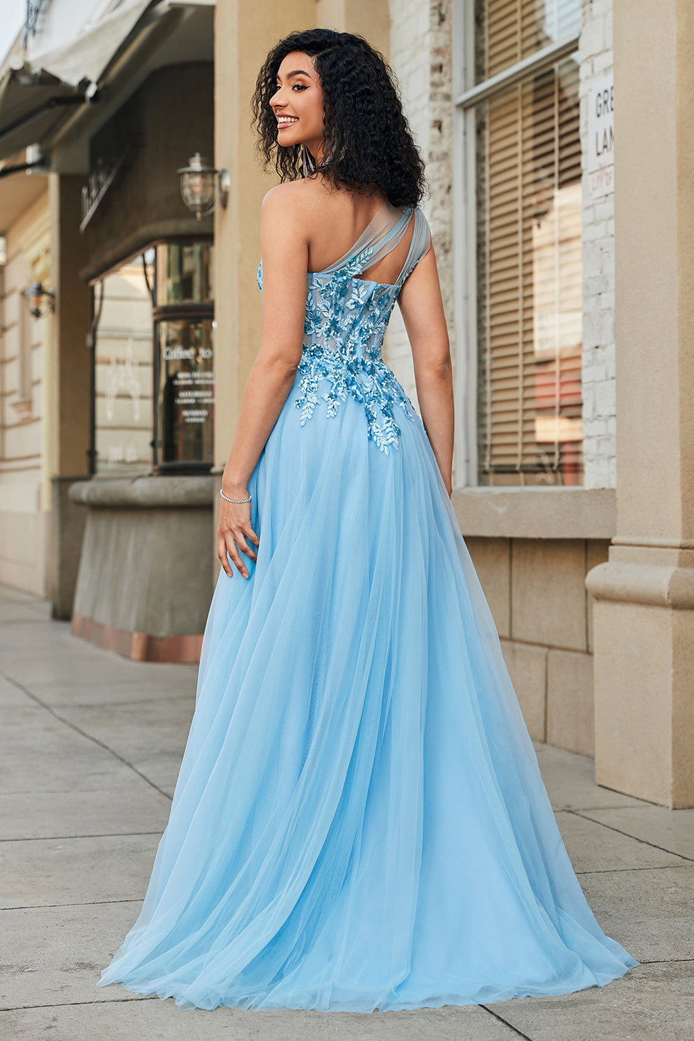 Gorgeous A Line One Shoulder Light Blue Corset Ball Dress with Appliques