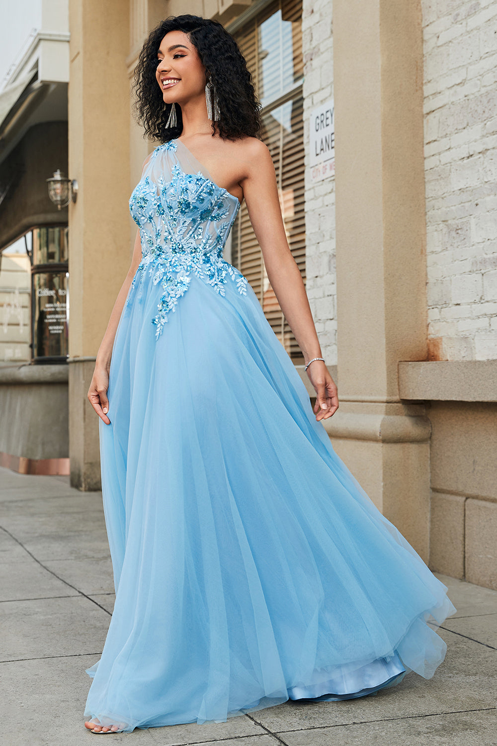 Gorgeous A Line One Shoulder Light Blue Corset Ball Dress with Appliques
