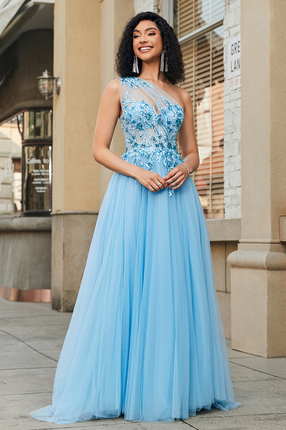 Gorgeous A Line One Shoulder Light Blue Corset Ball Dress with Appliques