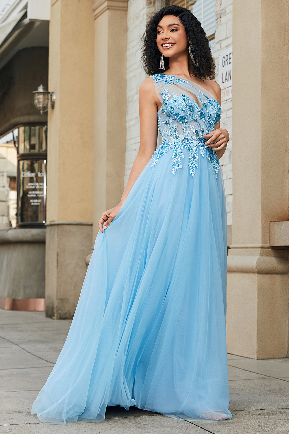Gorgeous A Line One Shoulder Light Blue Corset Ball Dress with Appliques