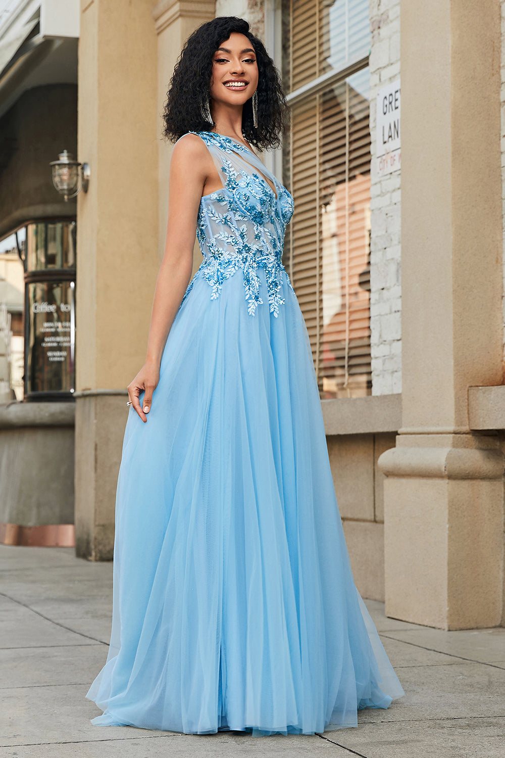 Gorgeous A Line One Shoulder Light Blue Corset Ball Dress with Appliques