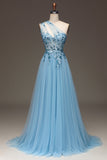 Light Blue A-Line One Shoulder Sequin Ball Dress with Appliques