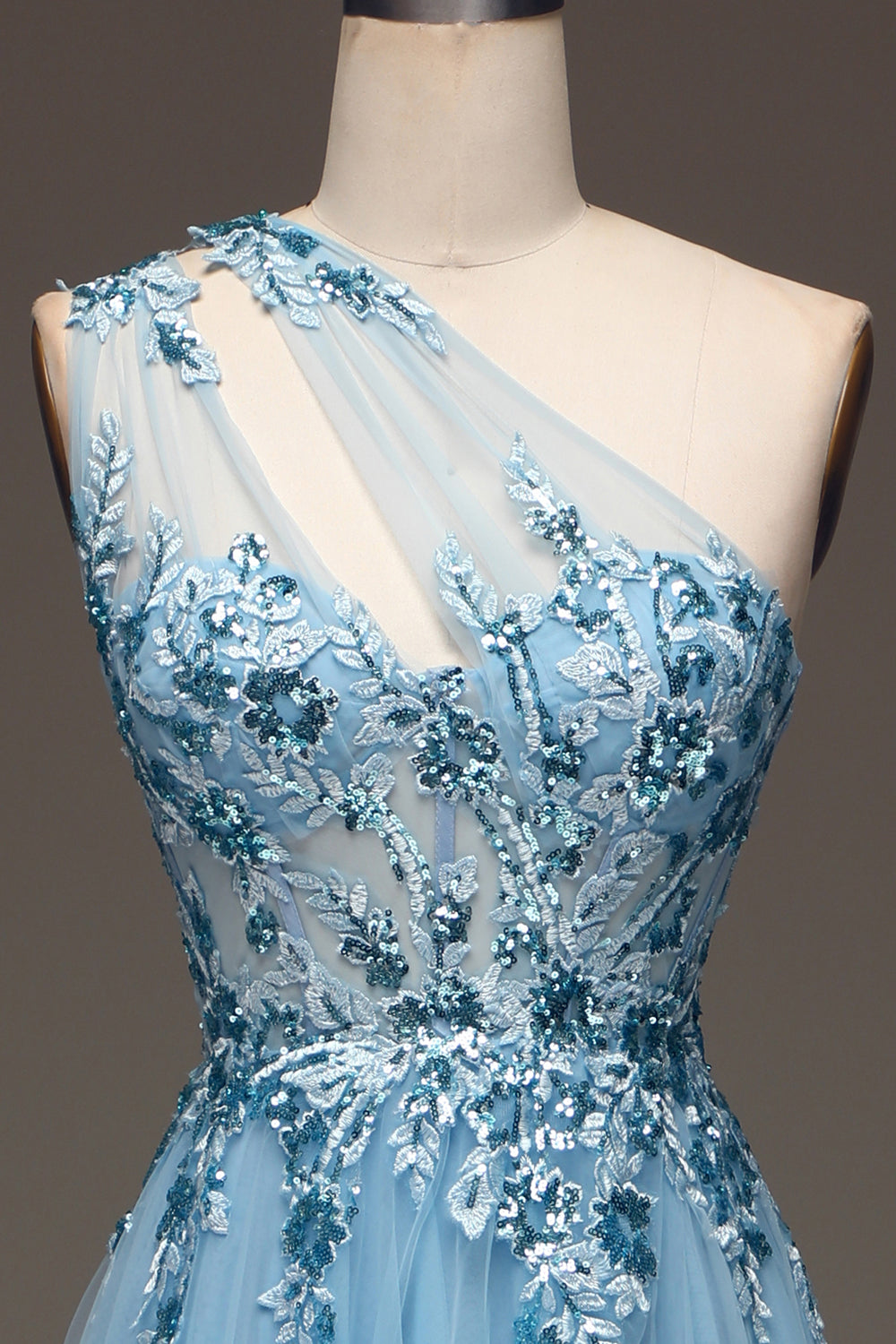 Light Blue A-Line One Shoulder Sequin Ball Dress with Appliques