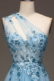 Light Blue A-Line One Shoulder Sequin Ball Dress with Appliques