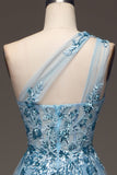 Light Blue A-Line One Shoulder Sequin Ball Dress with Appliques