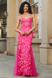 Mermaid Spaghetti Straps Fuchsia Long Ball Dress with Appliques