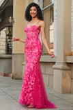 Mermaid Spaghetti Straps Fuchsia Long Ball Dress with Appliques