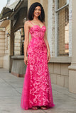 Mermaid Spaghetti Straps Fuchsia Long Ball Dress with Appliques