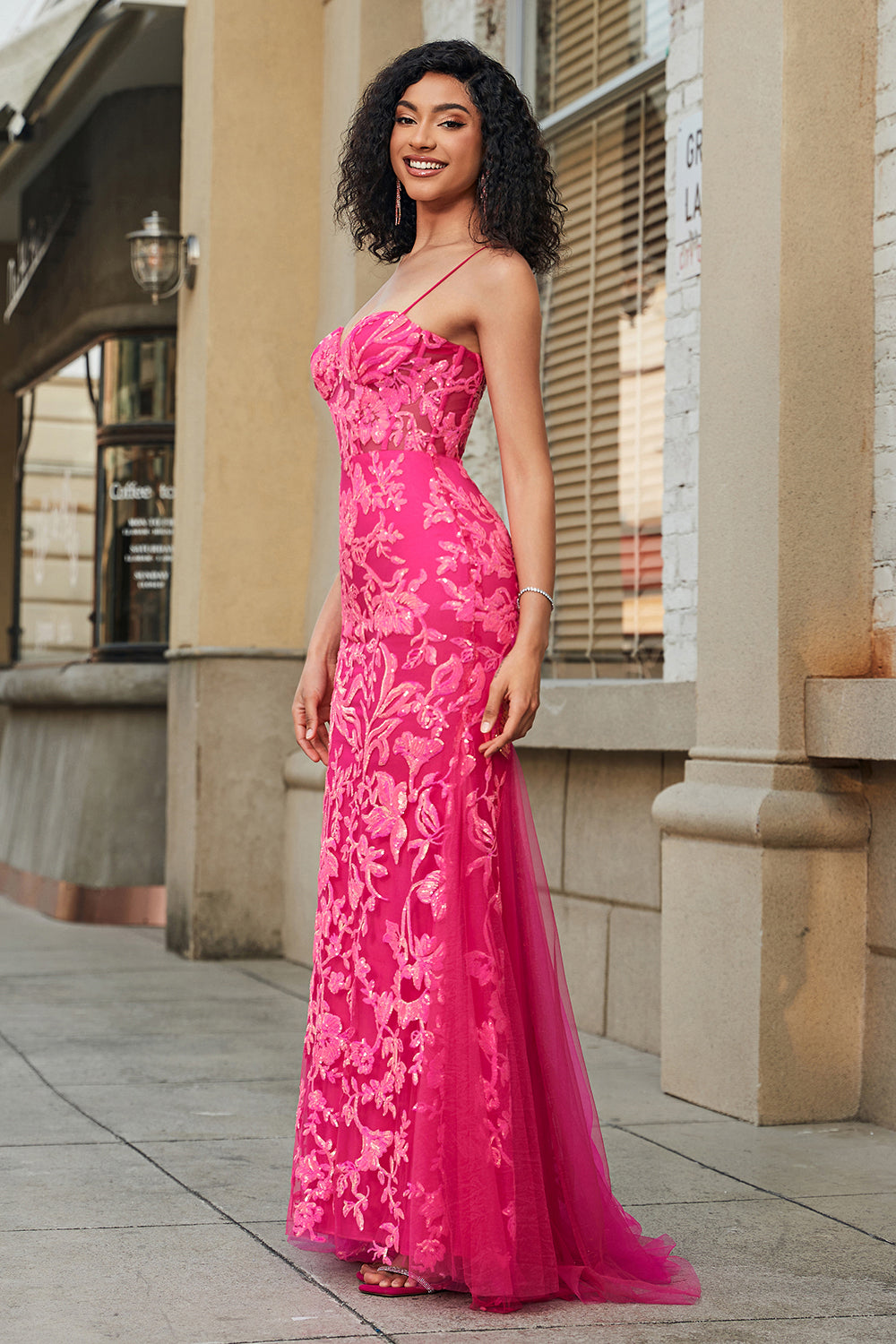 Mermaid Spaghetti Straps Fuchsia Long Ball Dress with Appliques