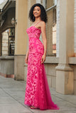 Mermaid Spaghetti Straps Fuchsia Long Ball Dress with Appliques