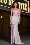 Trendy Mermaid Spaghetti Straps Blush Long Ball Dress with Beading
