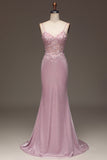 Glitter Blush Mermaid Spaghetti Straps Long Ball Dress with Beading