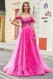 Sparkly Hot Pink A-Line Cold Shoudler Corset Ball Dress with Beading