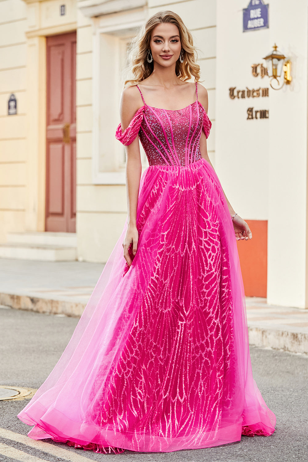 Sparkly Hot Pink A-Line Cold Shoudler Corset Ball Dress with Beading
