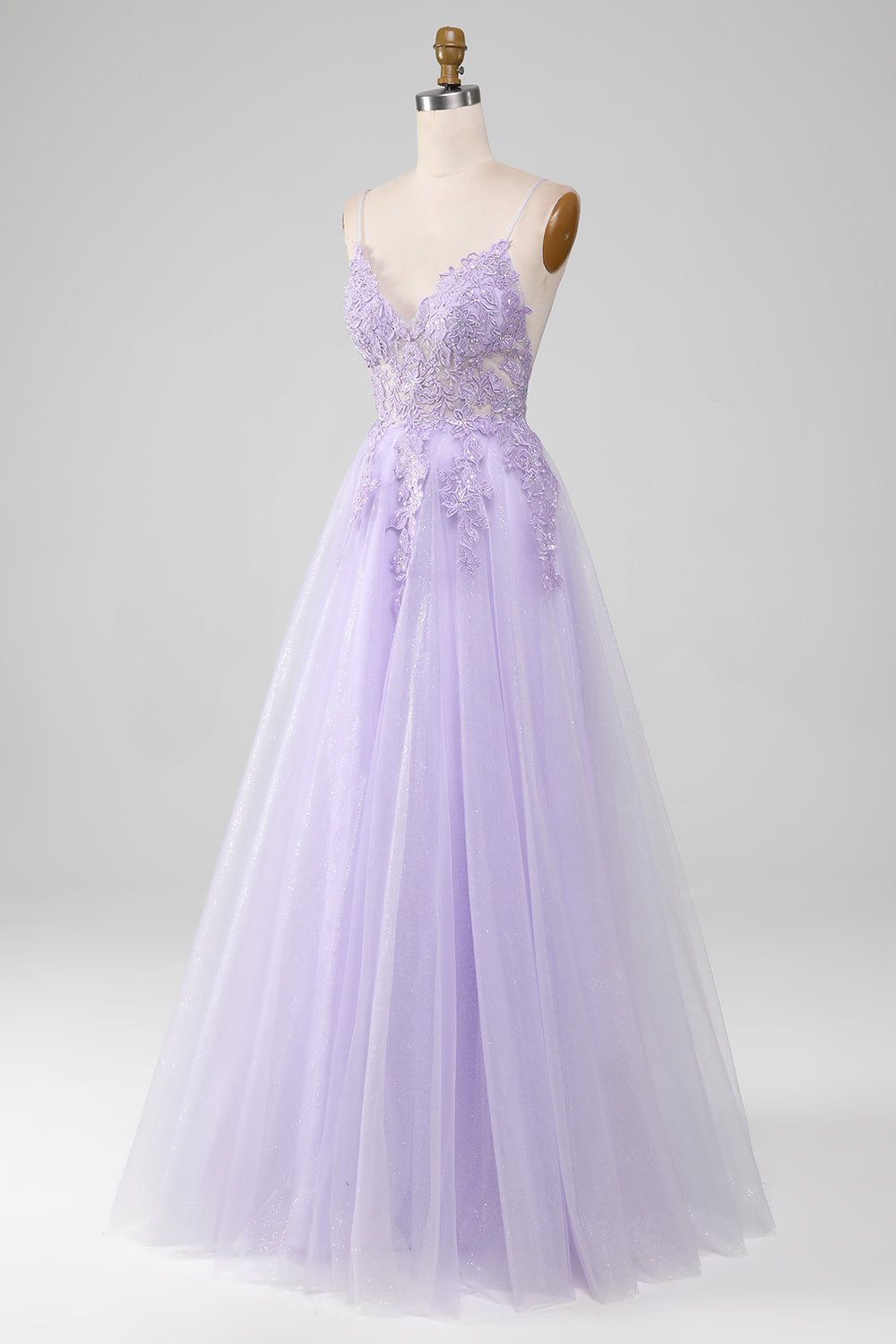 Sparkly Light Purple A-Line Spaghetti Straps Long Ball Dress With Beading