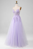 Sparkly Light Purple A-Line Spaghetti Straps Long Ball Dress With Beading