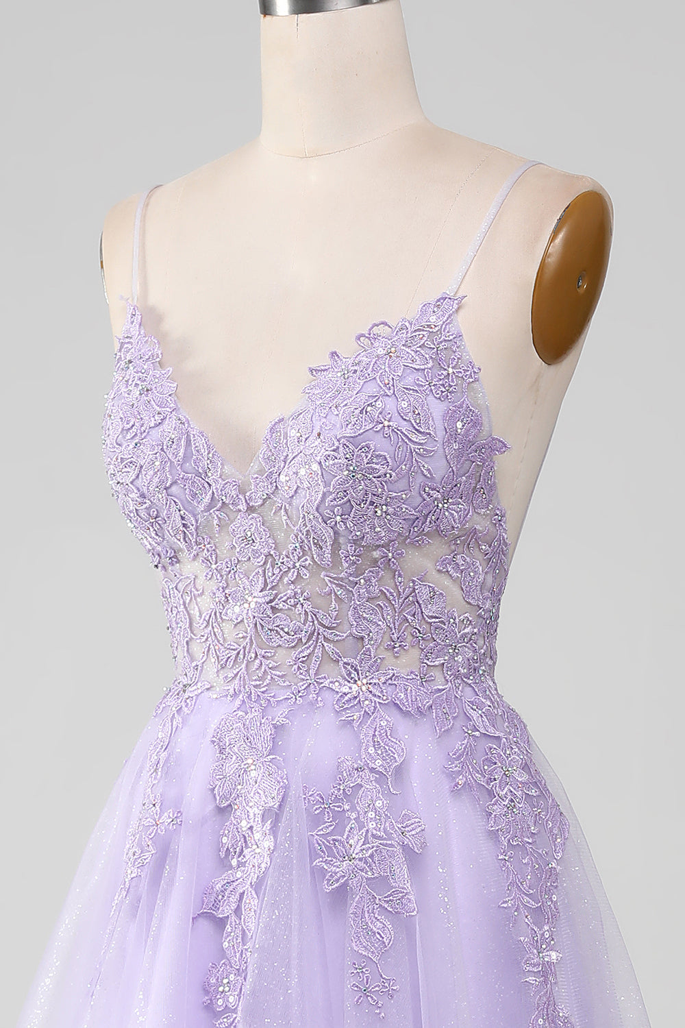 Sparkly Light Purple A-Line Spaghetti Straps Long Ball Dress With Beading