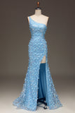 Light Blue Mermaid One Shoulder Side Slit Sequin Ball Dress with Appliques