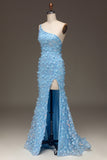 Light Blue Mermaid One Shoulder Side Slit Sequin Ball Dress with Appliques