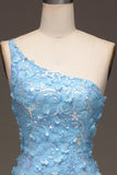 Light Blue Mermaid One Shoulder Side Slit Sequin Ball Dress with Appliques
