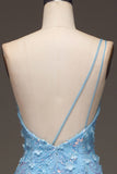 Light Blue Mermaid One Shoulder Side Slit Sequin Ball Dress with Appliques