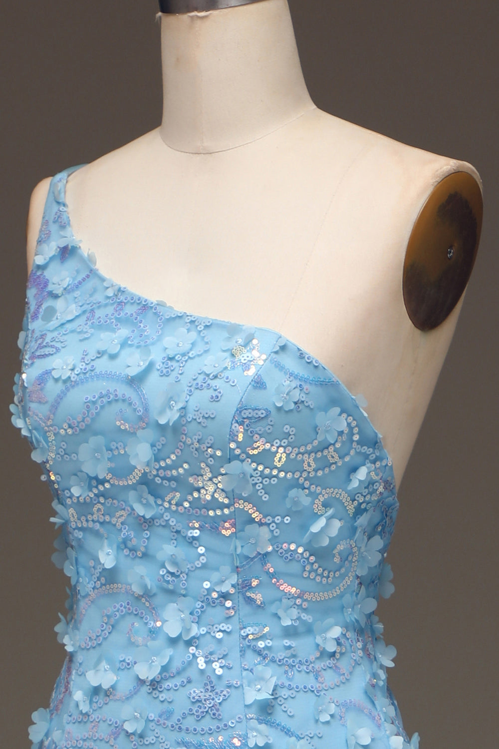 Light Blue Mermaid One Shoulder Side Slit Sequin Ball Dress with Appliques