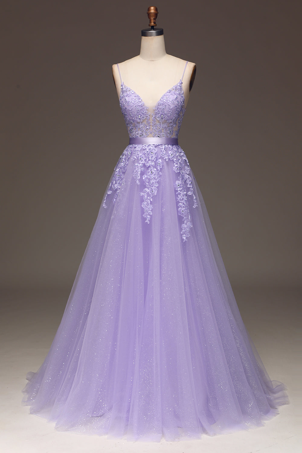 Purple A-Line Spaghetti Straps Long Beaded and Tulle Ball Dress with Appliques