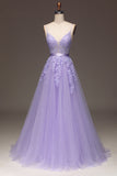 Purple A-Line Spaghetti Straps Long Beaded and Tulle Ball Dress with Appliques