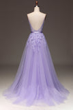 Purple A-Line Spaghetti Straps Long Beaded and Tulle Ball Dress with Appliques