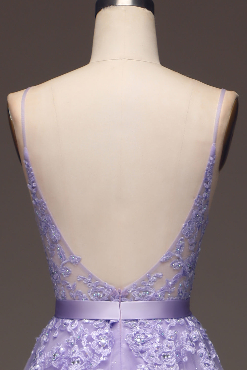 Purple A-Line Spaghetti Straps Long Beaded and Tulle Ball Dress with Appliques