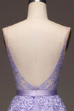 Purple A-Line Spaghetti Straps Long Beaded and Tulle Ball Dress with Appliques