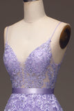 Purple A-Line Spaghetti Straps Long Beaded and Tulle Ball Dress with Appliques