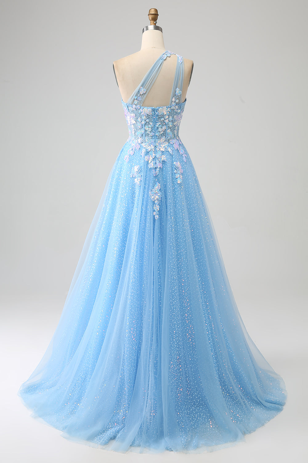 Stunning A Line One Shoulder Light Blue Long Tulle Ball Dress with Appliques