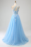 Stunning A Line One Shoulder Light Blue Long Tulle Ball Dress with Appliques
