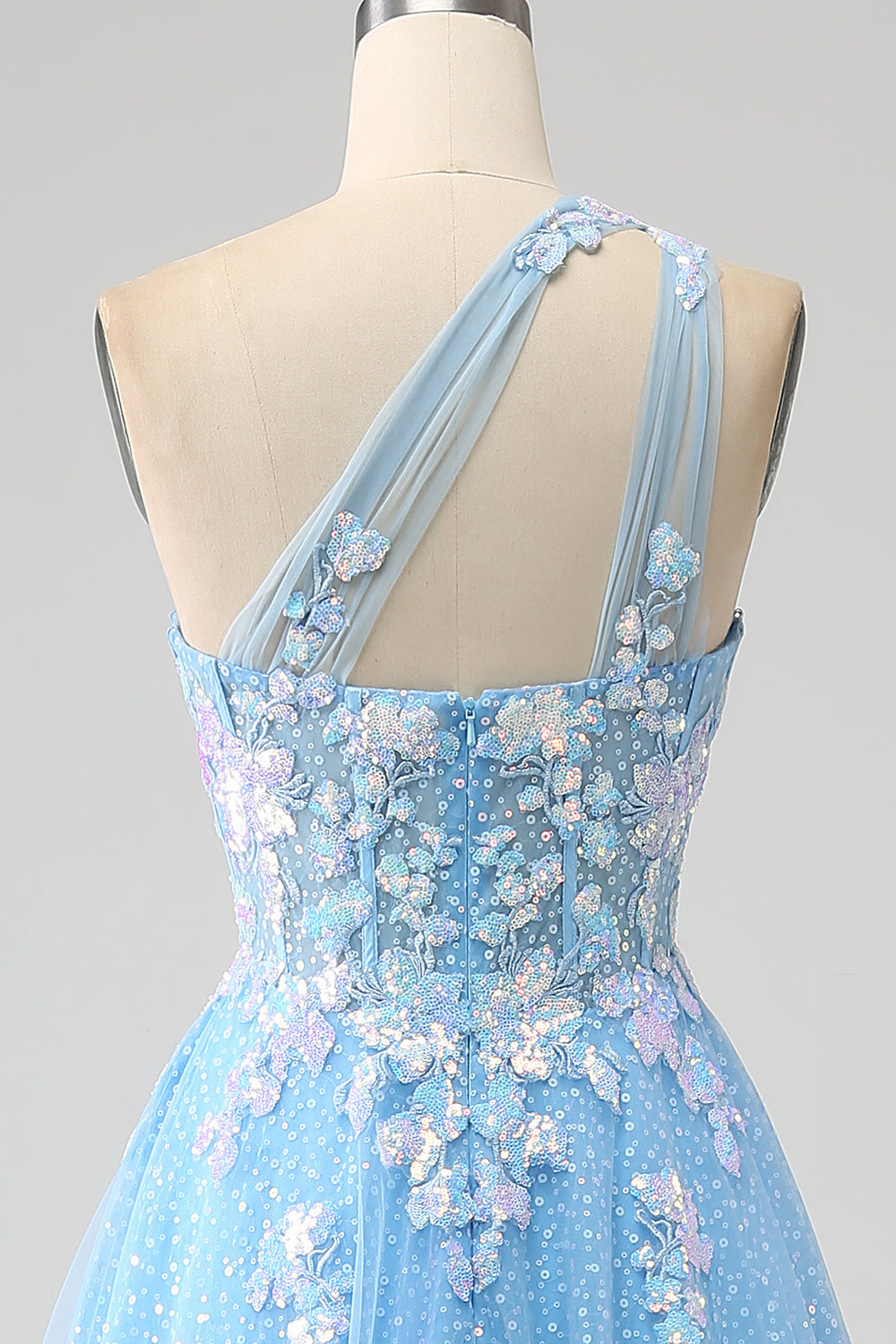 Stunning A Line One Shoulder Light Blue Long Tulle Ball Dress with Appliques