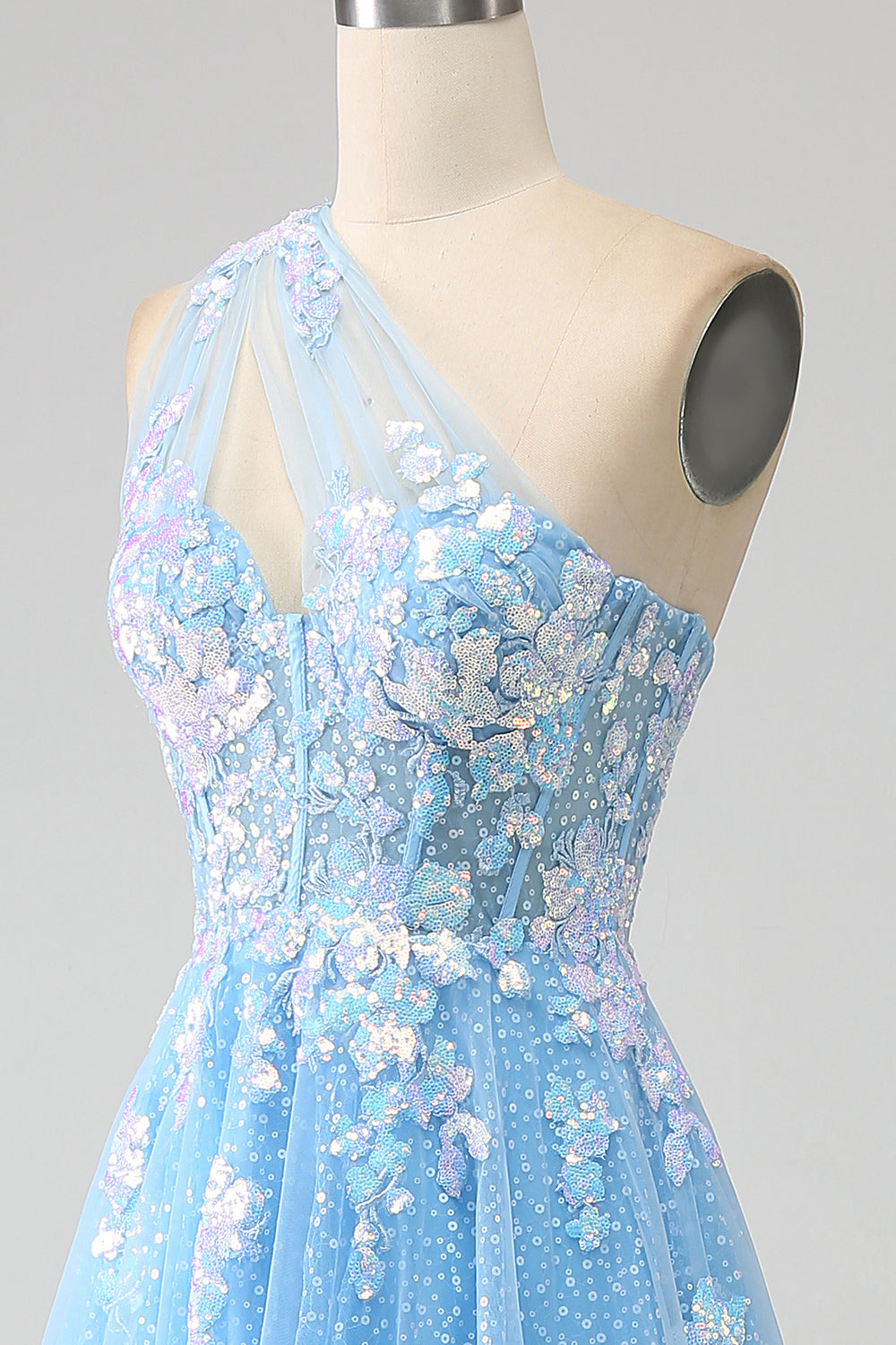 Stunning A Line One Shoulder Light Blue Long Tulle Ball Dress with Appliques