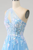 Stunning A Line One Shoulder Light Blue Long Tulle Ball Dress with Appliques
