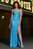 Stunning Mermaid Spaghetti Straps Blue Corset Ball Dress with Split Front