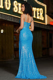 Stunning Mermaid Spaghetti Straps Blue Corset Ball Dress with Split Front