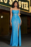 Stunning Mermaid Spaghetti Straps Blue Corset Ball Dress with Split Front