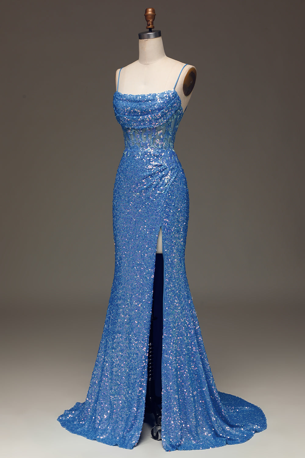 Spaghetti Straps Blue Sparkly Corset Ball Dress with Slit