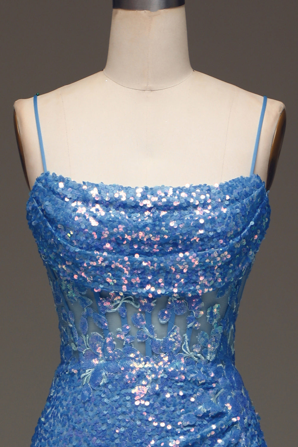 Spaghetti Straps Blue Sparkly Corset Ball Dress with Slit